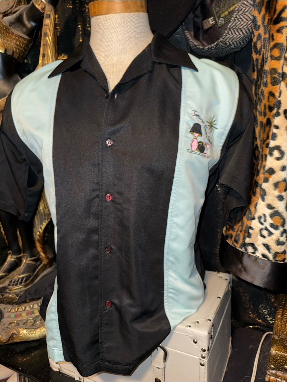 Black & Light Blue Panel Short-Sleeve Bowling Shirt